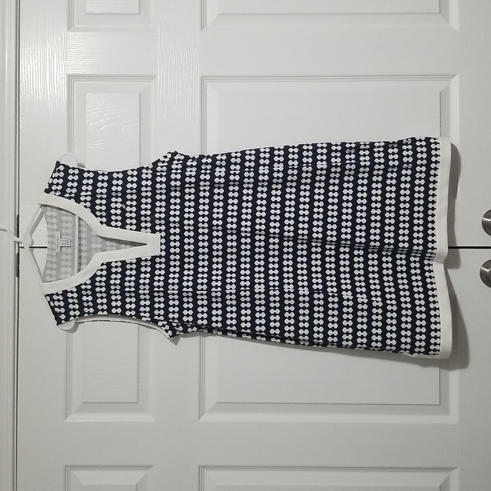 Nautica XL Navy and White Sleeveless Mid-Length Dress